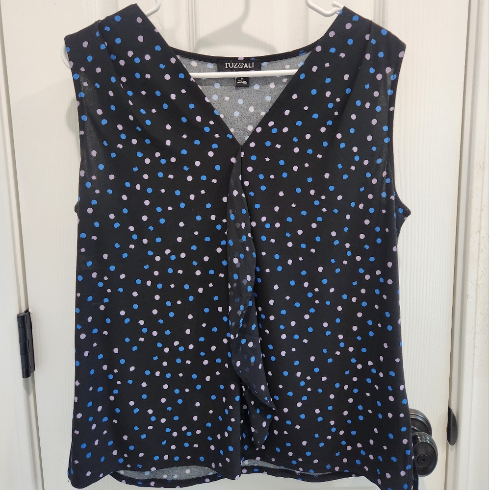 Roz&Ali Black Sleeveless Top With Pink And Blue Dots Size Med